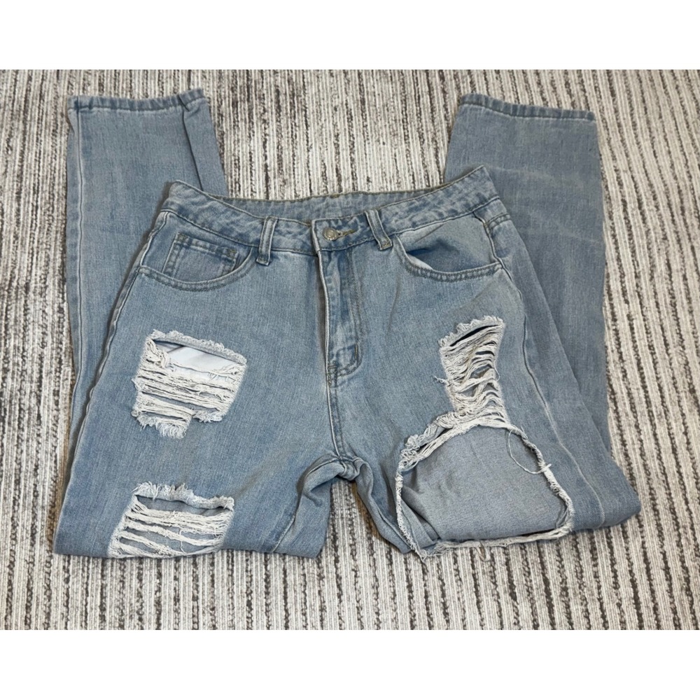 Shein Light Wash Distressed Ripped High Waisted Straight Leg Jeans Womens Size 6